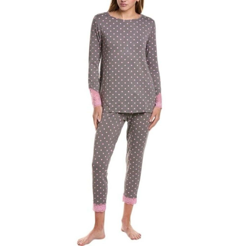 Hale Bob 2pc Polka‎ Dot Pajama Set Grey Pink Rayon Spandex Feminine NWOT